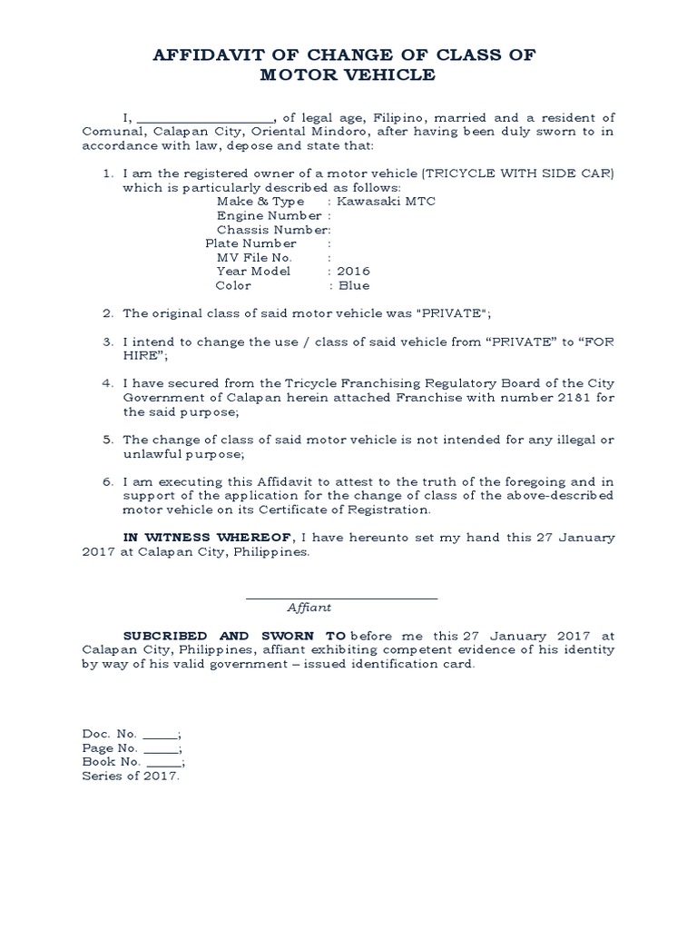 Affidavit of Change of Class of Motor Vehicle  PDF