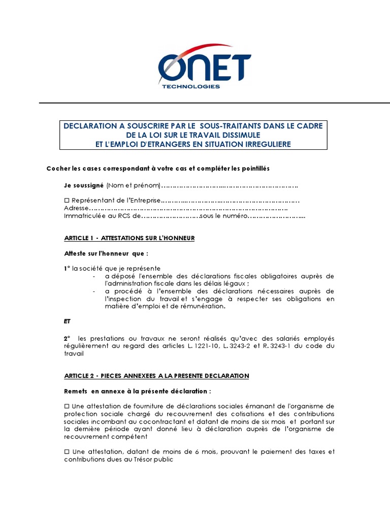 Declaration Lutte Contre Travail Dissimule Ot Pdf Justice Crime Et Violence