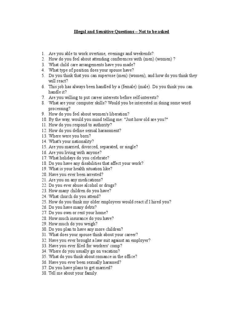 Prohibited Interview Questions Guide | PDF | Sexual Harassment | Employment
