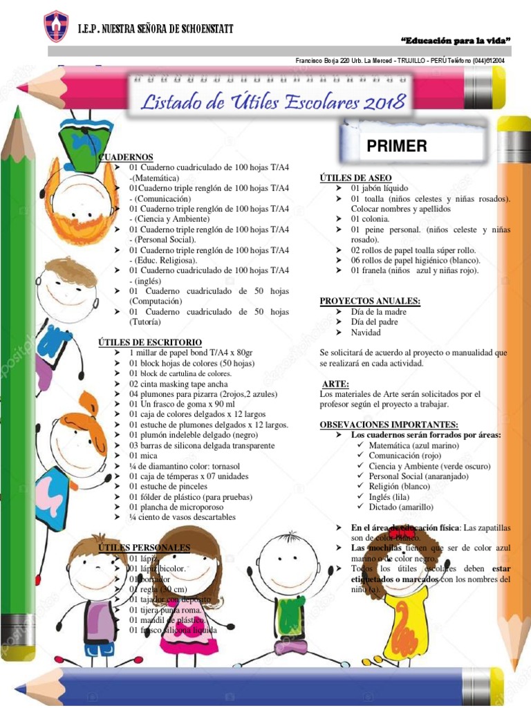 Lista de útiles escolares para el primer, segundo y tercer grado de