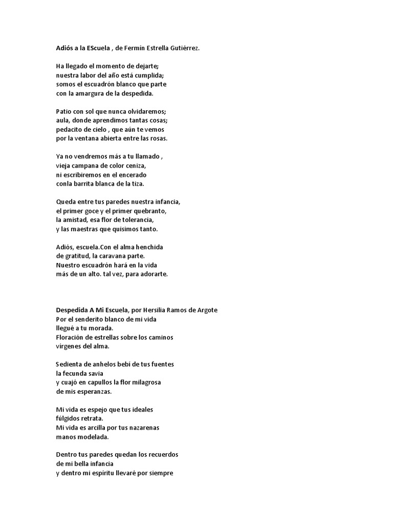 Poemas de Despedida Escuela | PDF