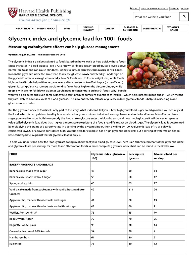 Glycemic Index and Glycemic Load For 100+ Foods Harvard Health PDF