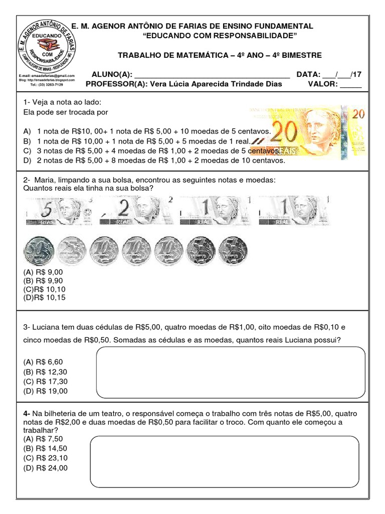 Avaliacao De Matematica 4 Ano 4 Bimestre