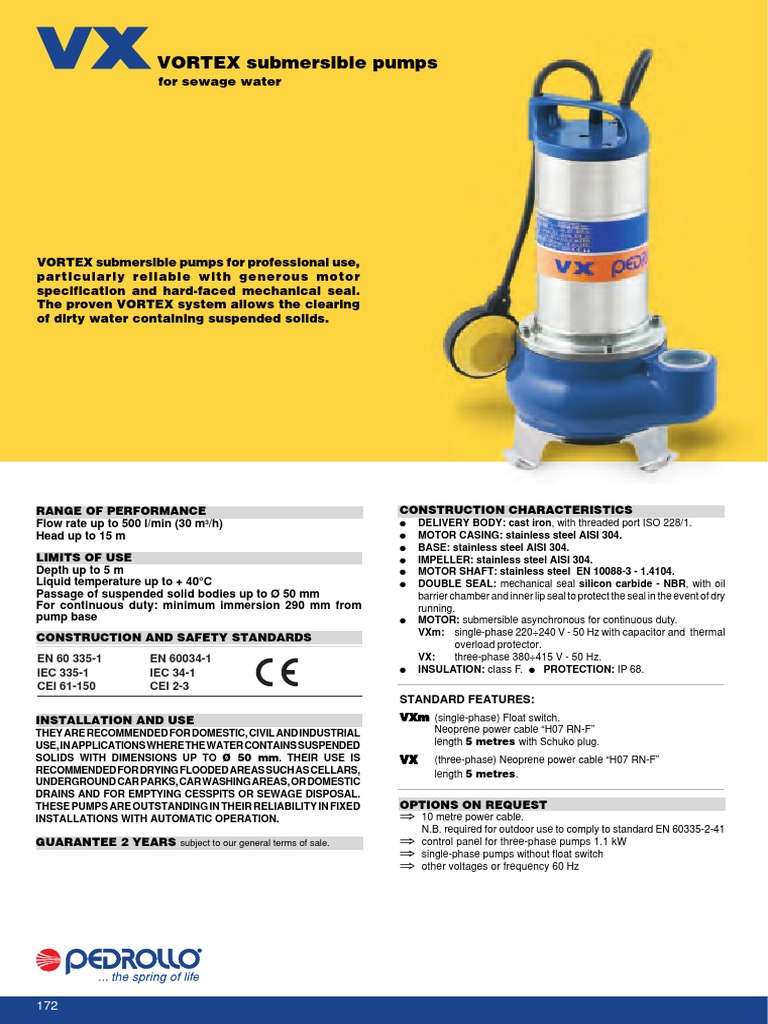 Pedrollo Submersible Vortex Pump - VX | PDF | Pump | Electrical Engineering