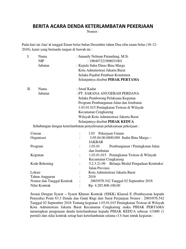 Berita Acara Denda Keterlambatan Pekerjaan