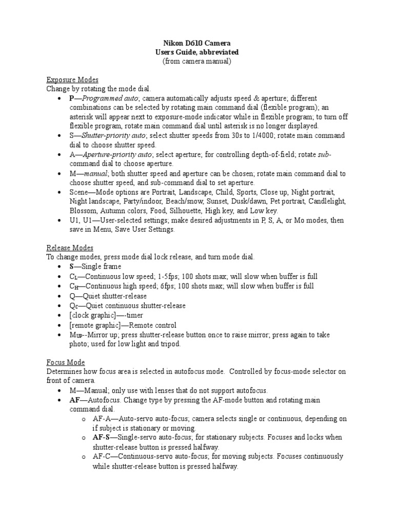 Nikon D610 Camera Instructions PDF Autofocus Live Preview