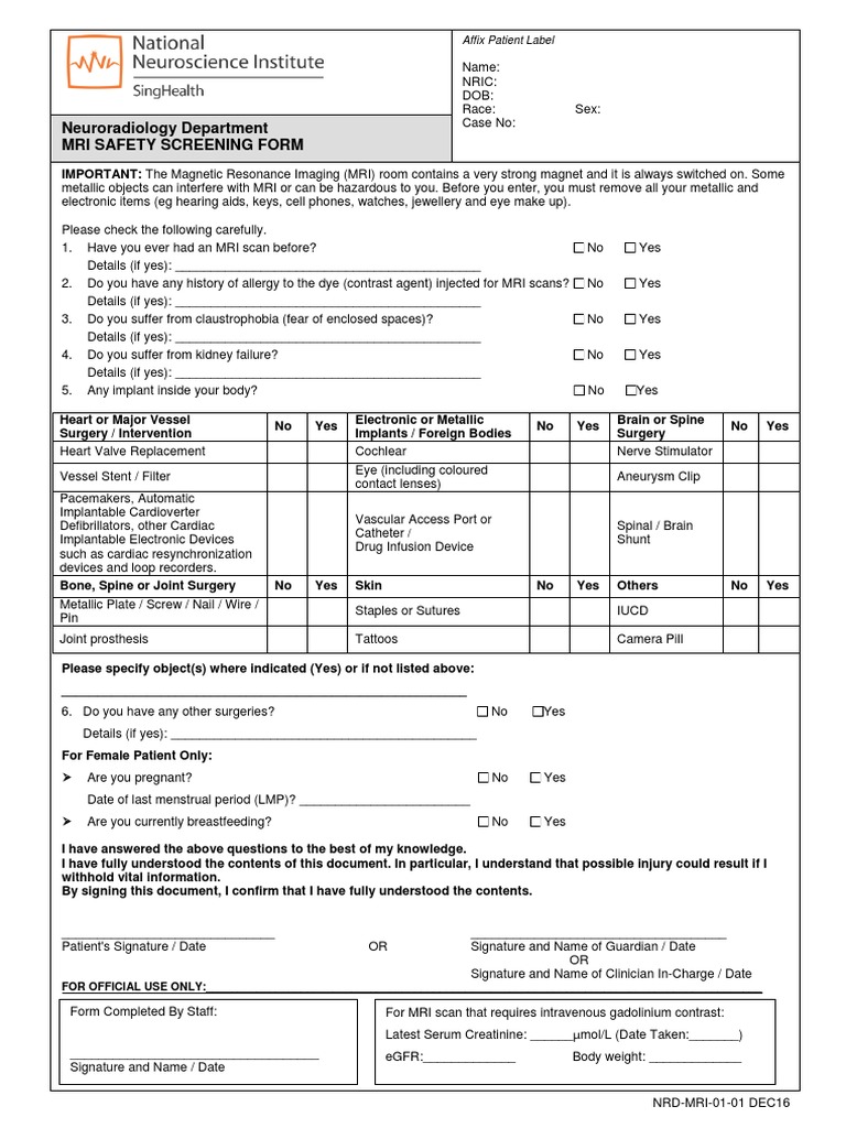 MRI Safety Screening Form | PDF | Implant (Medicine) | Magnetic ...