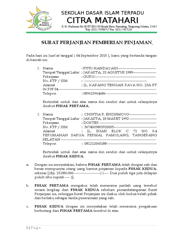 Contoh Surat Perjanjian Utang Piutang Fh Uii