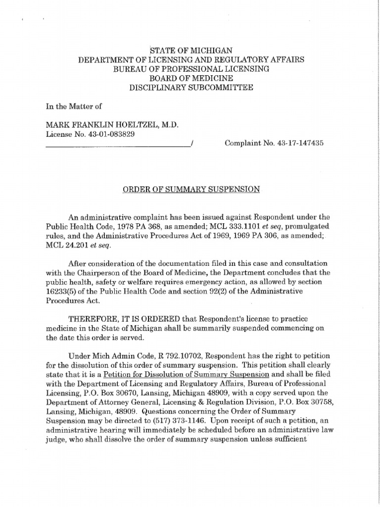 Hoeltzel Mark MD Summary Suspension