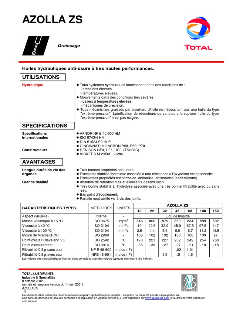 Fiche technique Azolla ZS 46 | PDF | Matière molle | Liquides