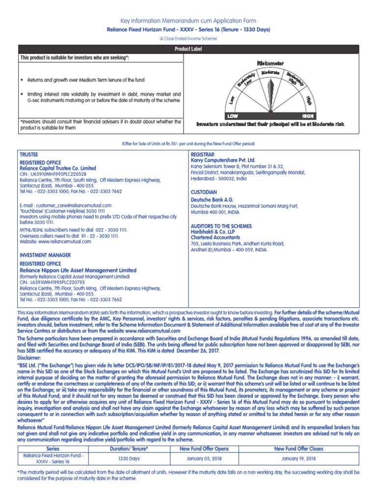 Kim Cum Application Form Reliance Fixed Horizon Fund Xxxv Series
