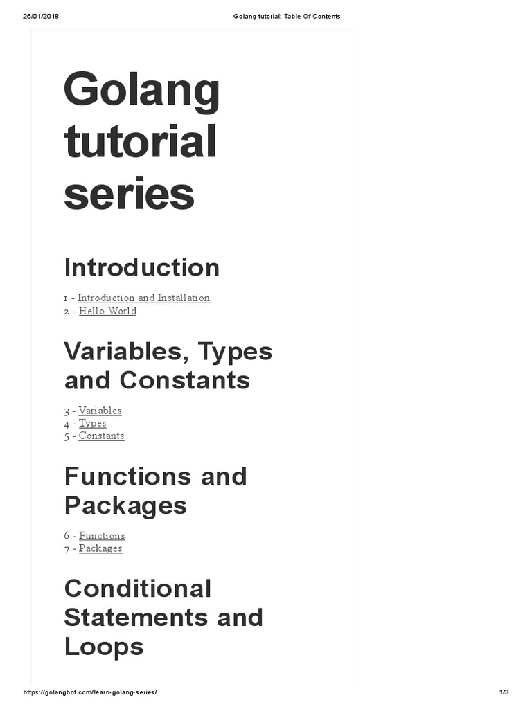 Golang Tutorial Table of Contents PDF