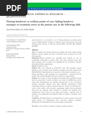 Nursing Handoff as Resillient Points of Care Linking Handover Strategies to Treatment Errors in the Patient Care in the Following Shift