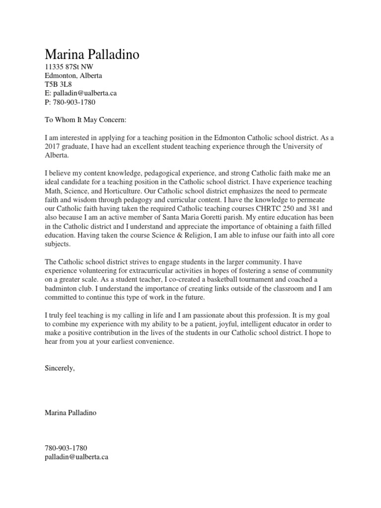 Application for Catholic School Teacher | PDF