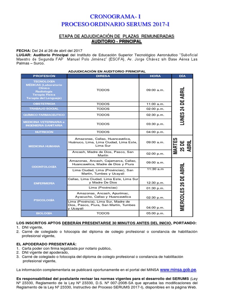 Cronograma Ordinario Serums Lima Cuidado de la salud Prueba