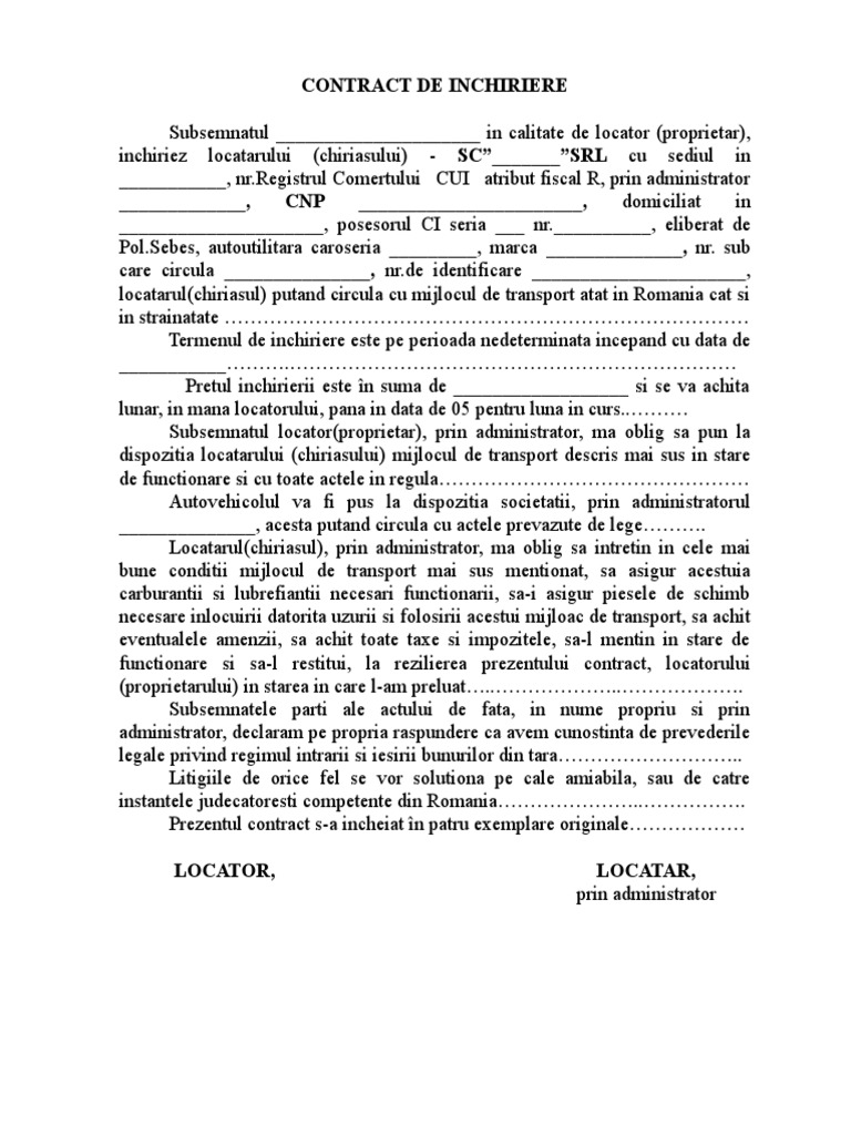 Model Contract de Inchiriere Auto PDF