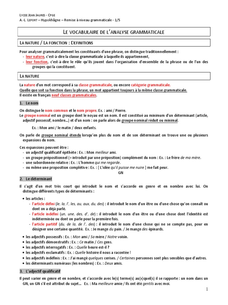 Faire L Analyse Grammaticale D Une Phrase En Ligne Le Vocabulaire de L'analyse Grammaticale | PDF | Sujet (Grammaire) | Pronom