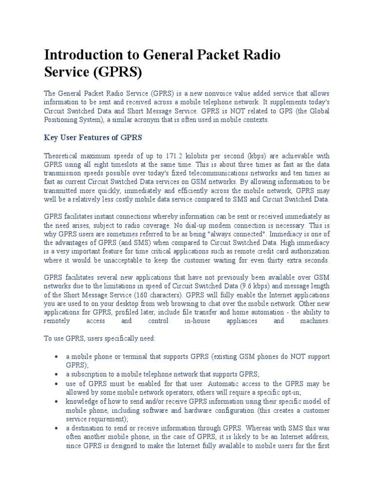 Introduction To General Packet Radio Service (GPRS) Key User Features