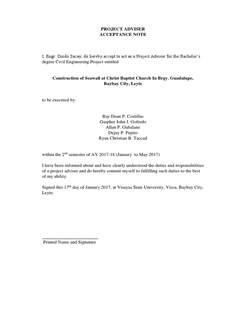 Project Adviser Acceptance Note for Seawall | PDF