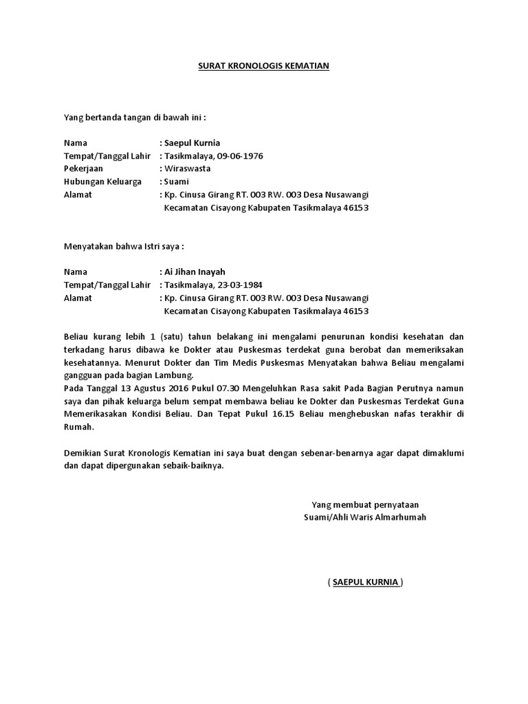 Contoh Surat Kronologis Kematian