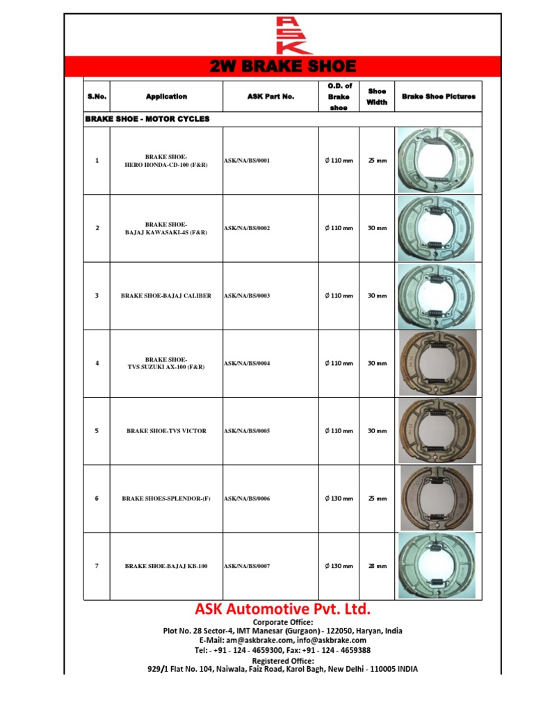 Ask 2w 3w Brake Shoe Catalogue PDF Land Vehicles Private Transport