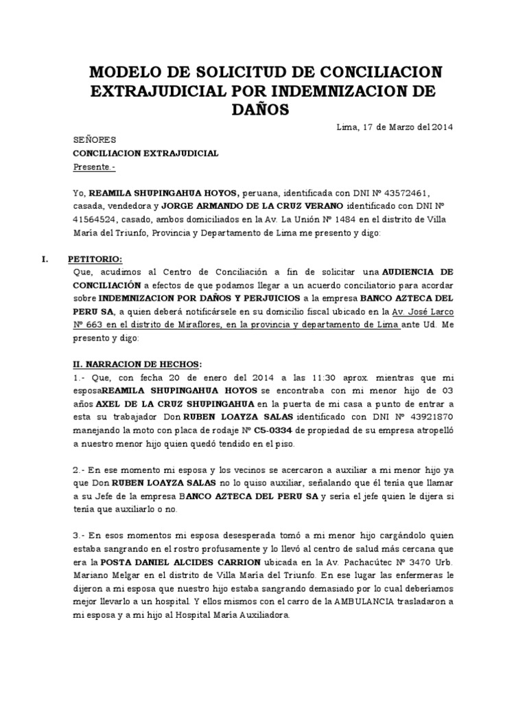 Solicitud De Conciliacion Extrajudicial Por Danos Pdf Lima Agitacion