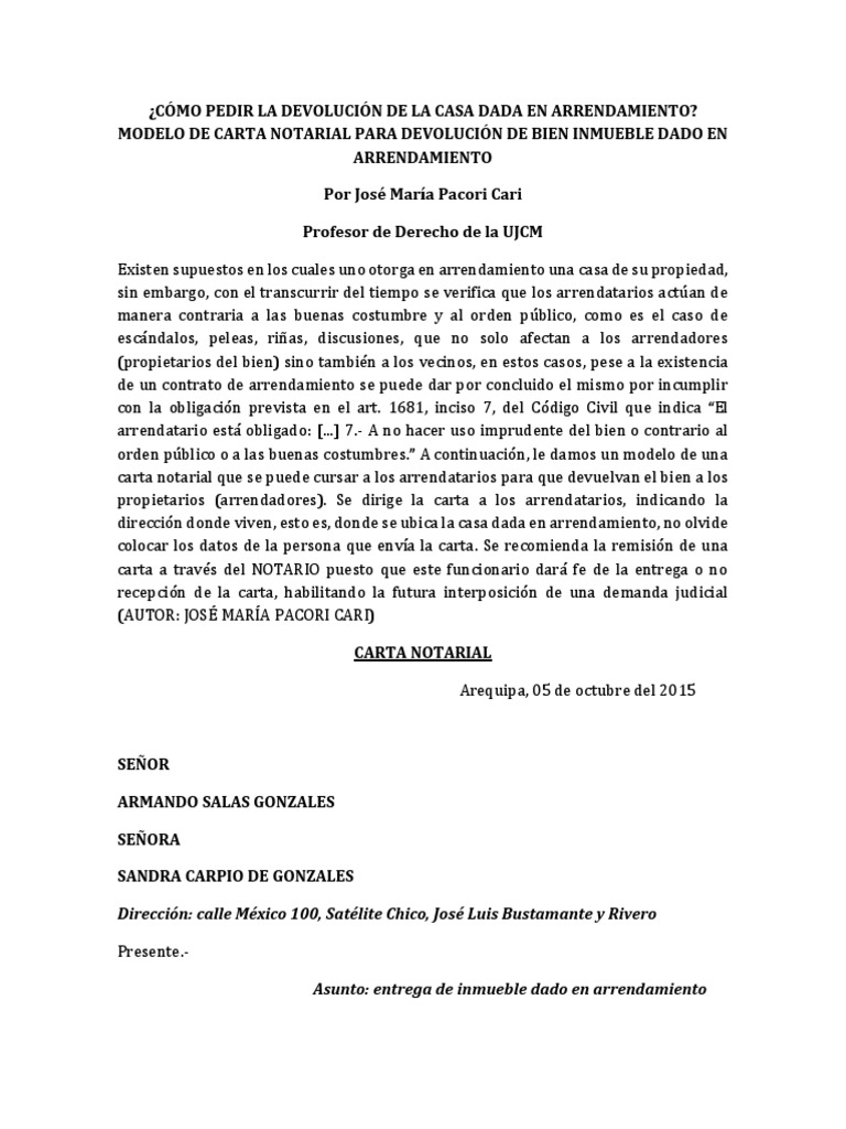 Modelo de Carta Notarial Para Devolución de Bien Inmueble 