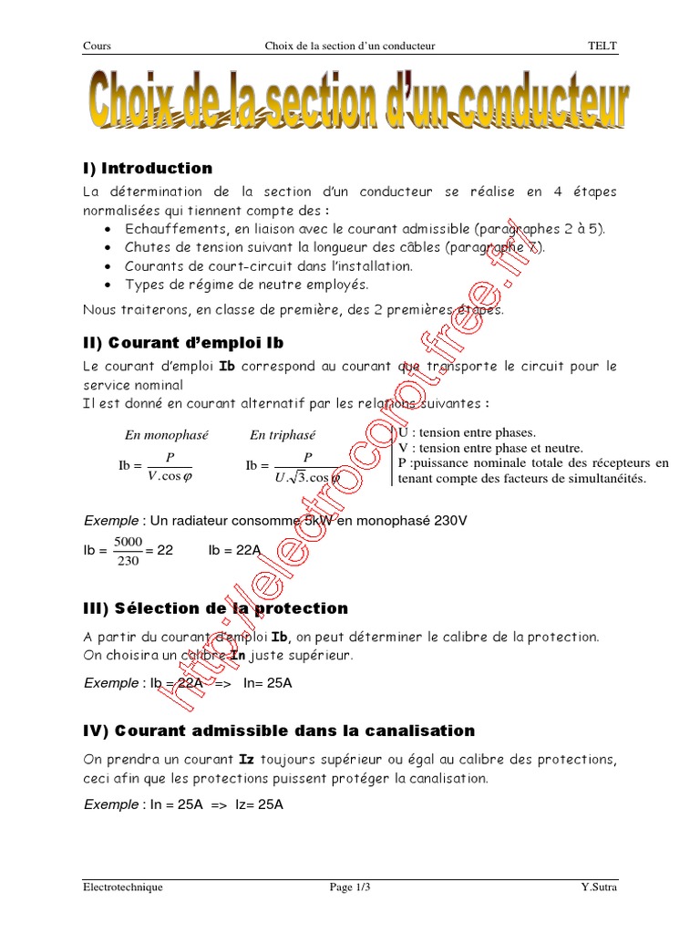 Formule Calcul Section Cable Electrique Triphasé Pdf Calcul de La Section D'un Conducteur PDF | PDF | Électrotechnique |  Électromagnétisme