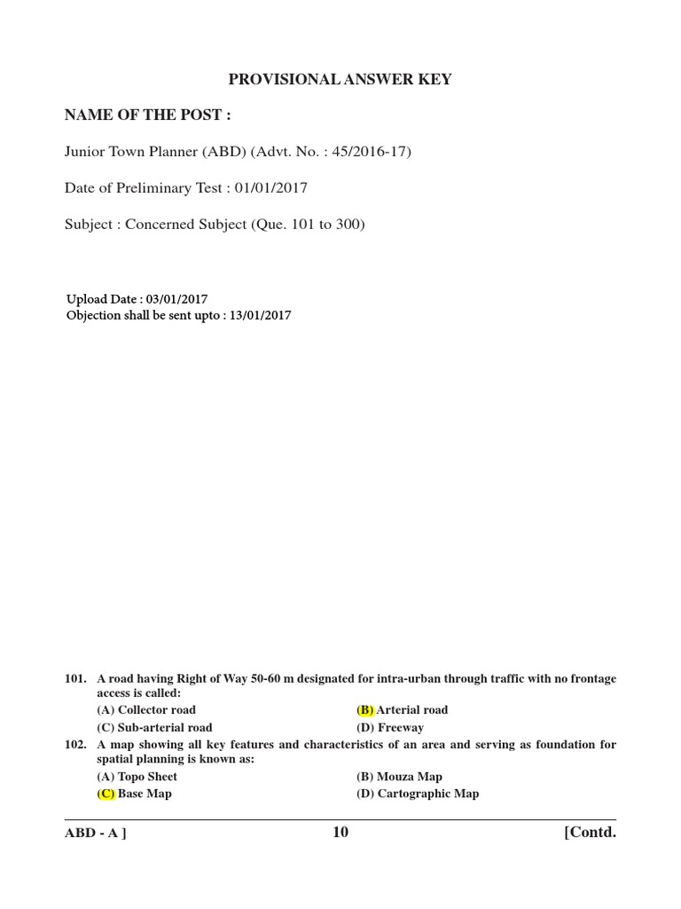 Gujarat Civil Provisional Answer Key Junior Town Planner Advt 45 2016