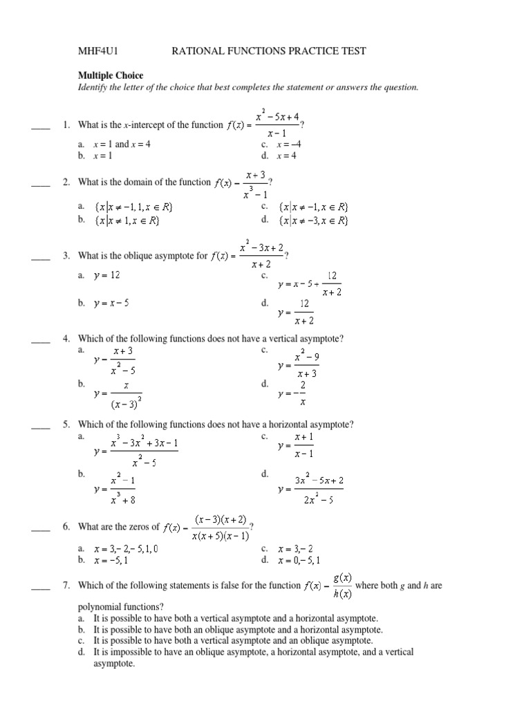 Rational Functions Practice Test | Asymptote | Function (Mathematics ...