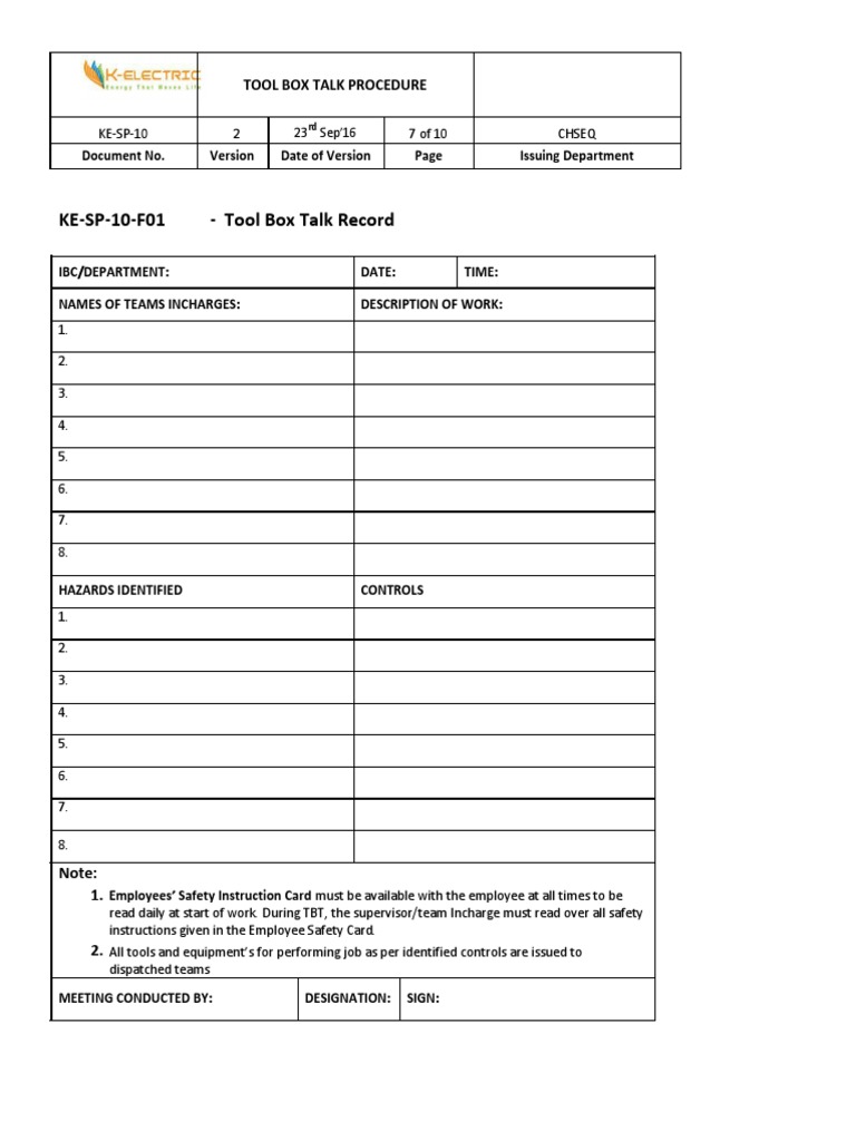 Tool Box Talk Procedure Template | PDF | Technology & Engineering
