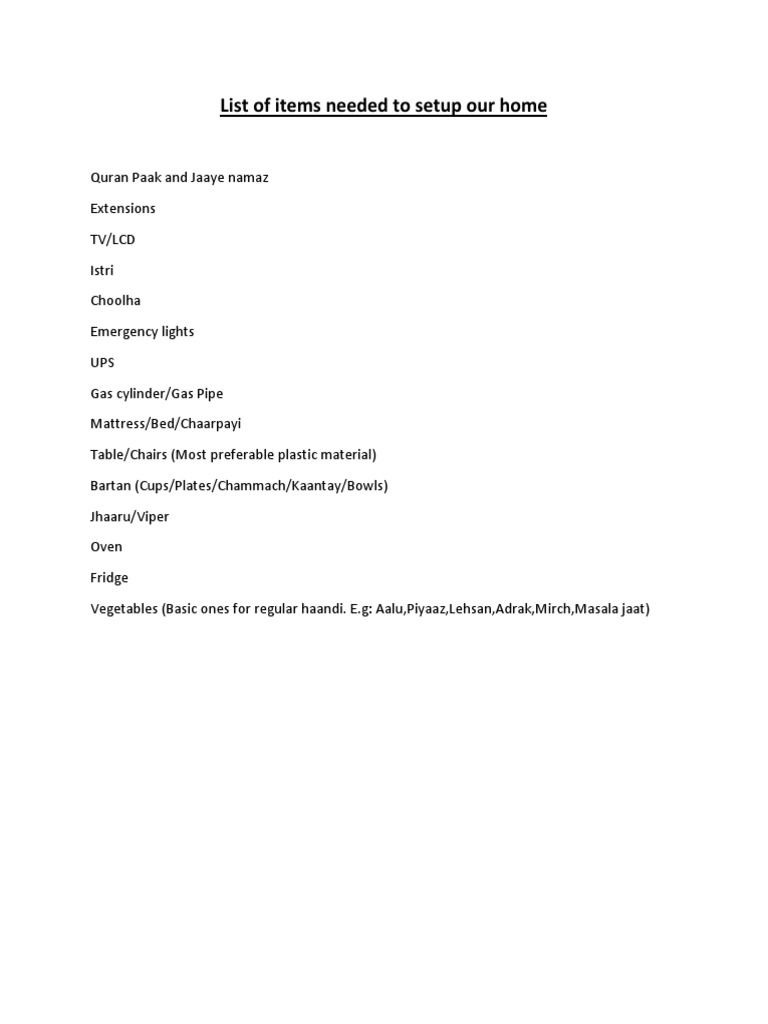 List of Items Needed To Setup Our Home | PDF