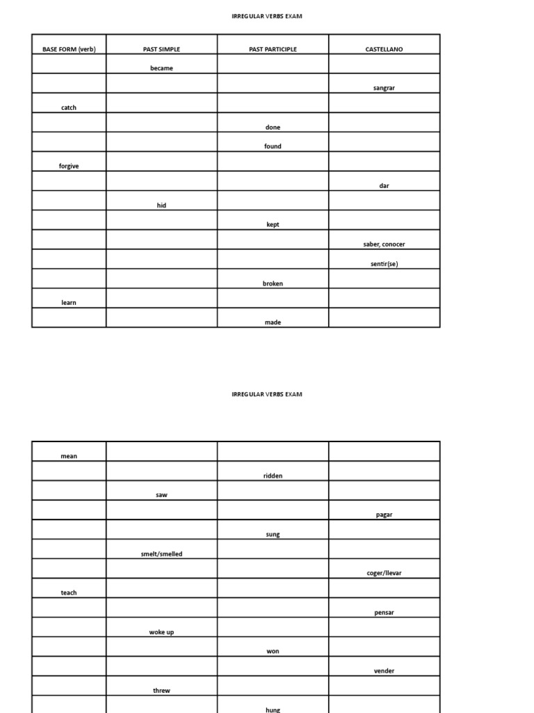 Irregular Verbs Exam PDF | PDF