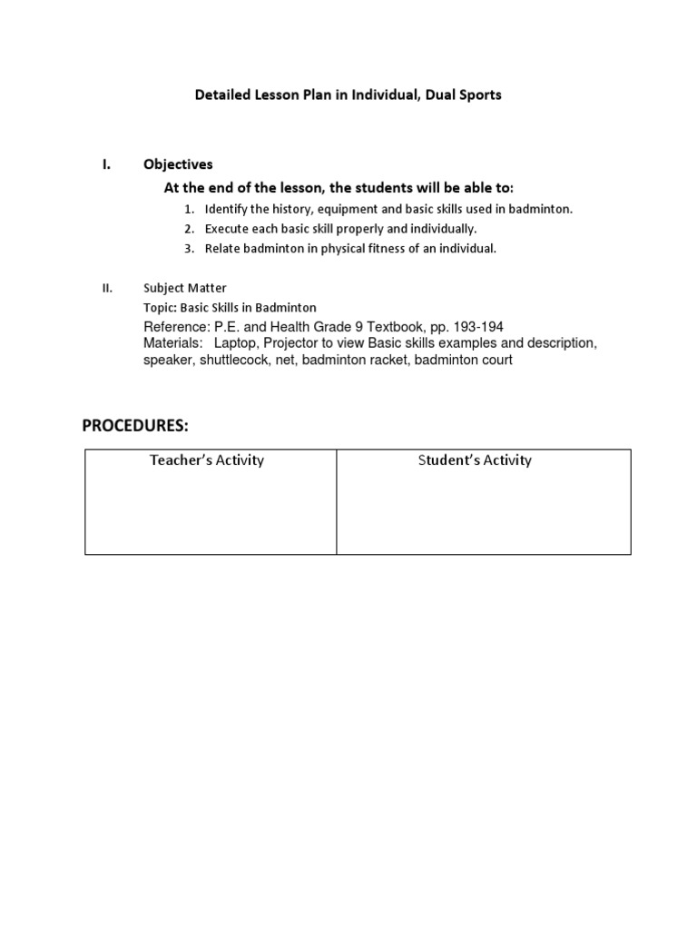 Badminton Detail Lesson Plan PDF Racquet Sports Athletic Sports