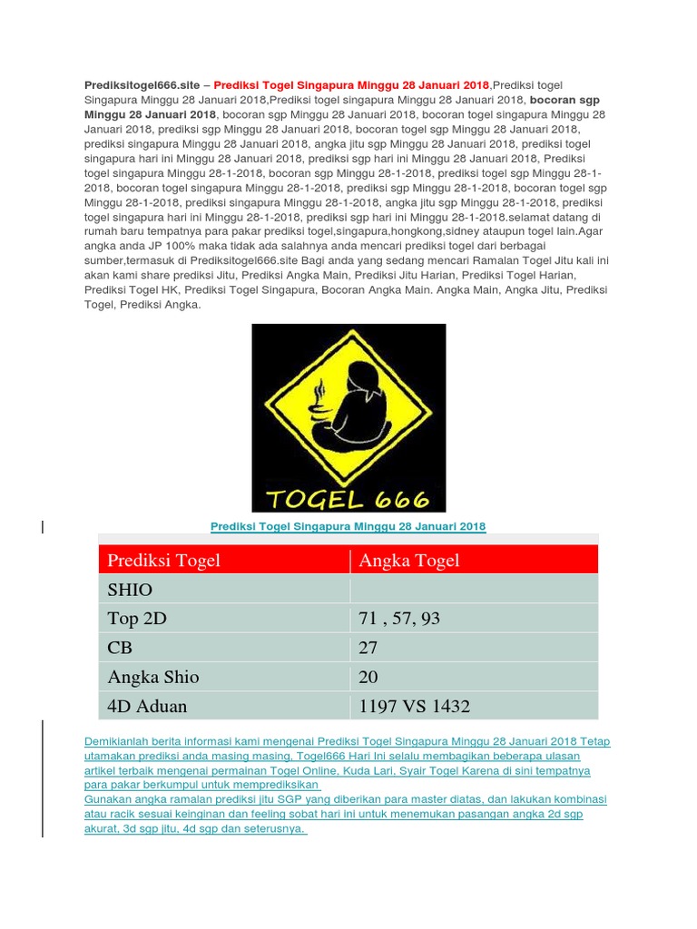 Prediksi Togel Singapura Minggu 27 Januari 2018 Prediksi Togel 666 Hari Ini Pdf