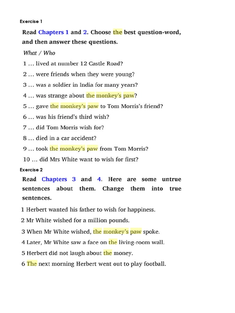 Monkey's Paw Comprehension Questions | PDF