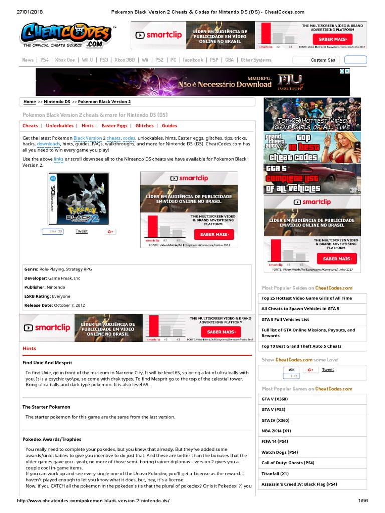 Pokemon Black Version 2 Cheats & Codes For Nintendo DS (DS) - CheatCodes | PDF | Pokémon ...