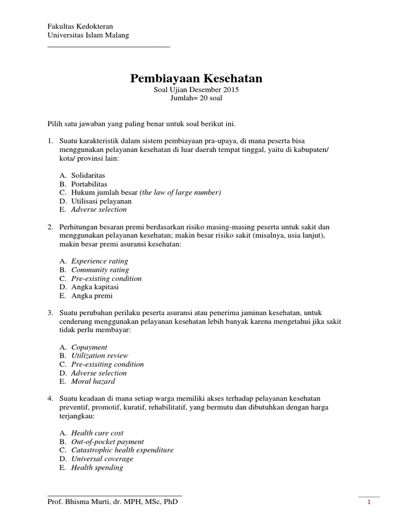 Soal Pembiayaan Kesehatan 28 Des 2015 Unisma Prof Bhisma Murti