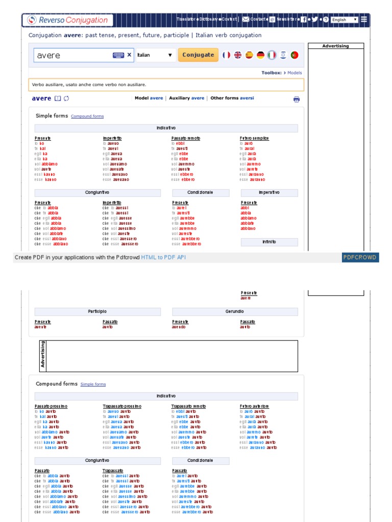 Conjugator Reverso Net Conjugation Italian Verb Avere HTML PDF