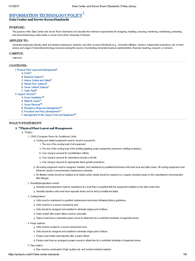 Data Center and Server Room Standards Policy Library PDF Data