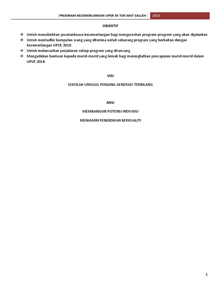 Kertas Kerja Program Kecemerlangan Upsr 2018