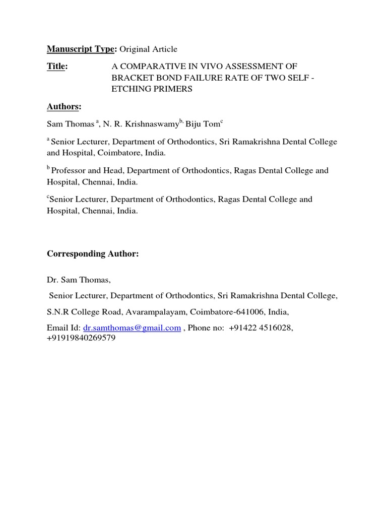 SEP in Vivo A COMPARATIVE IN VIVO ASSESSMENT OF BRACKET BOND FAILURE