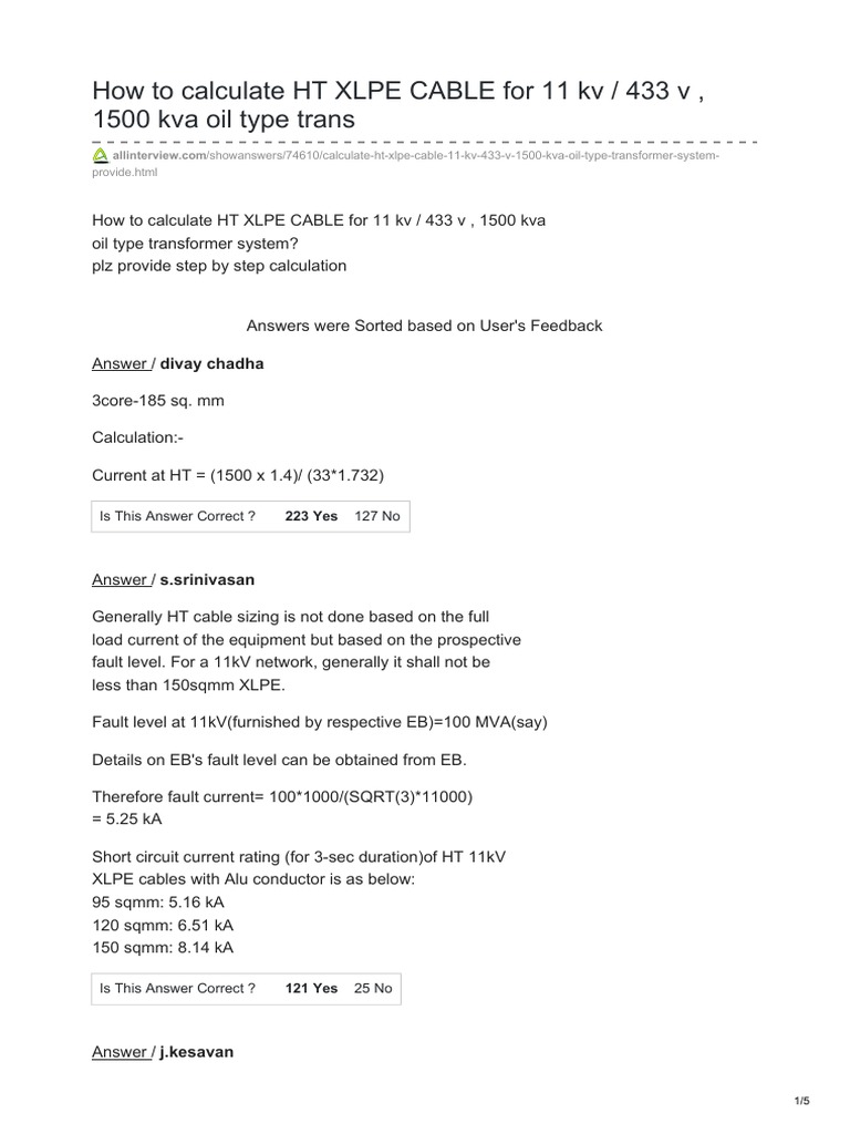How To Calculate HT XLPE CABLE For 11 KV 433 V 1500 Kva Oil Type Trans ...