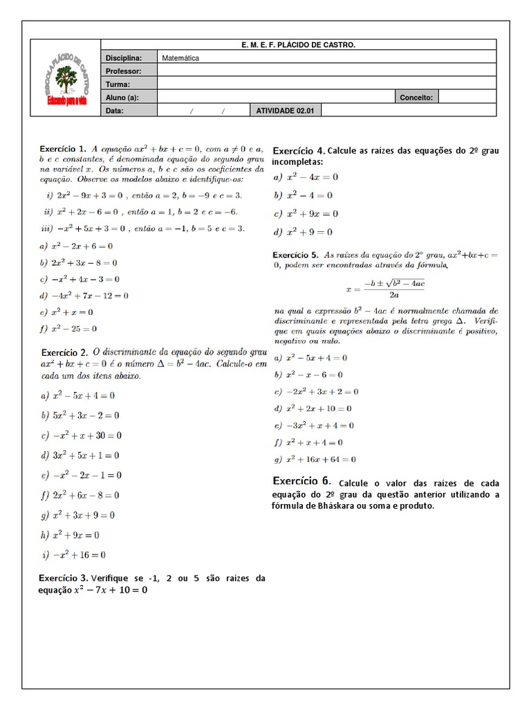 Atividade Equação Do 2º Grau Matemática | PDF | Equação quadrática ...
