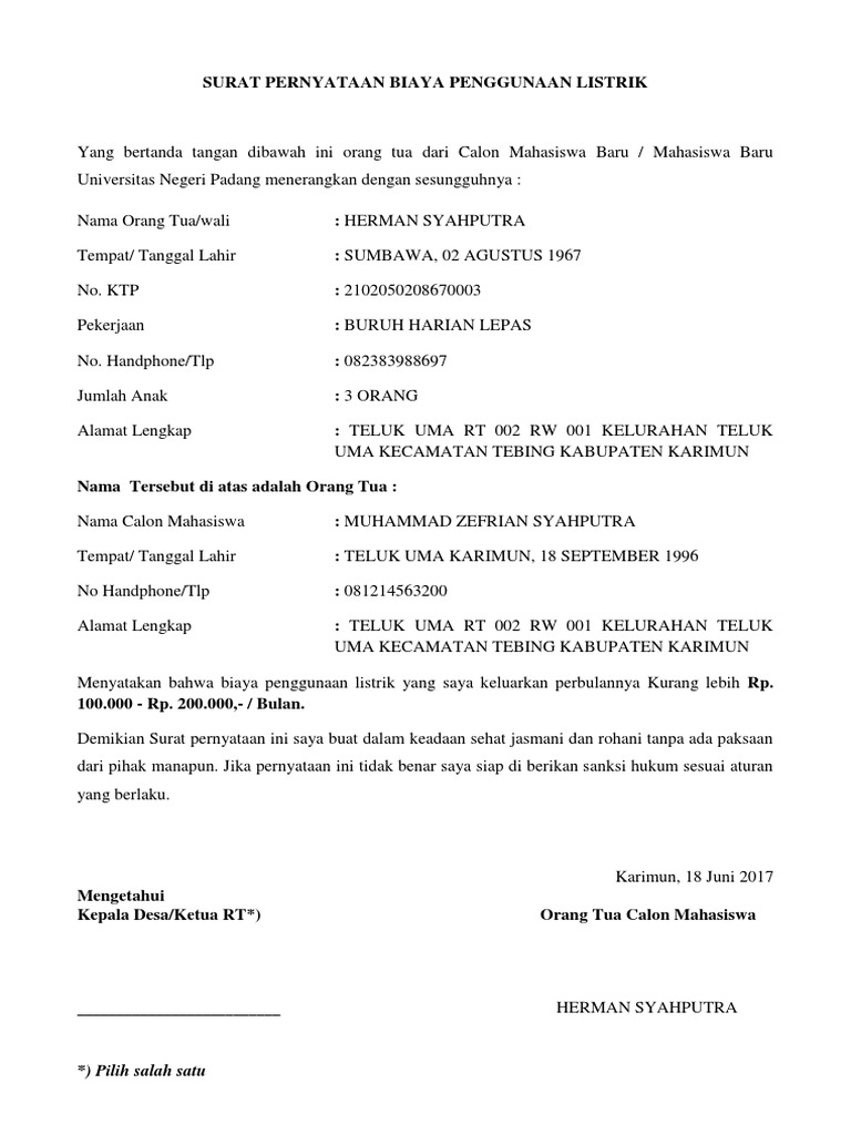 Surat Pernyataan Listrik Prabayar