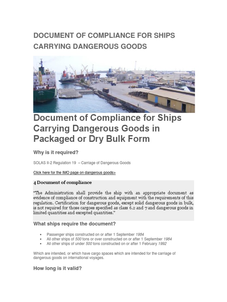 Compliance Document for Dangerous Goods | PDF | Dangerous Goods | Ships