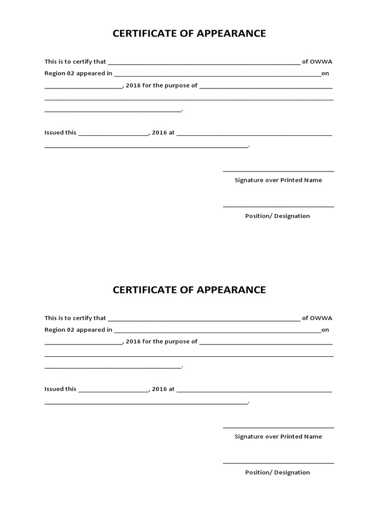 Editable Certificate of Appearance Template | PDF | Finance & Money ...