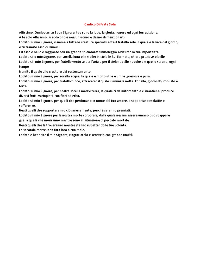 Parafrasi Del Cantico Di Frate Sole
