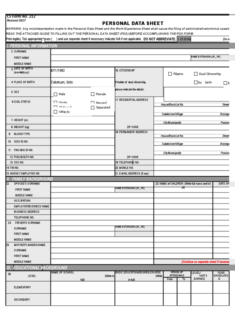 Cs Form No 212 Revised Personal Data Sheet New Passpo - vrogue.co