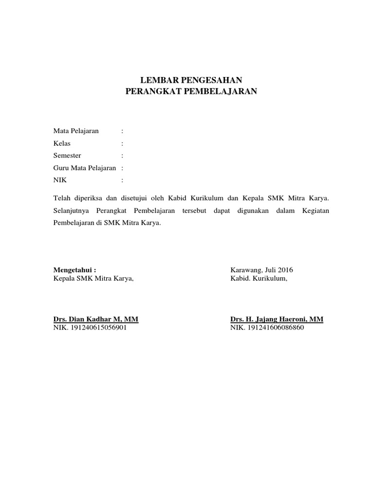 Lembar Pengesahan Perangkat Pembelajaran | PDF